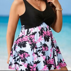 Black & Pink Floral twist front Tankini Swim Top size 4XL —H
